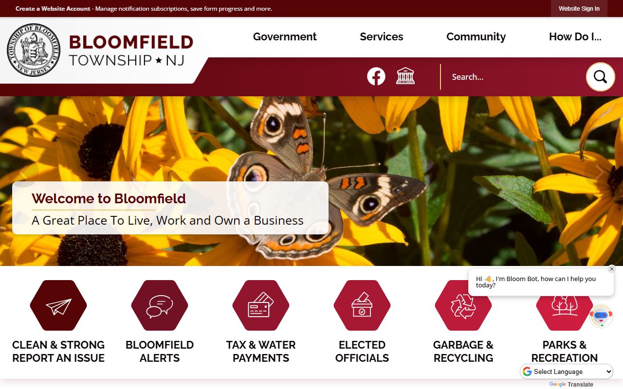 Bloomfield Township official website showing police and warrant records resources