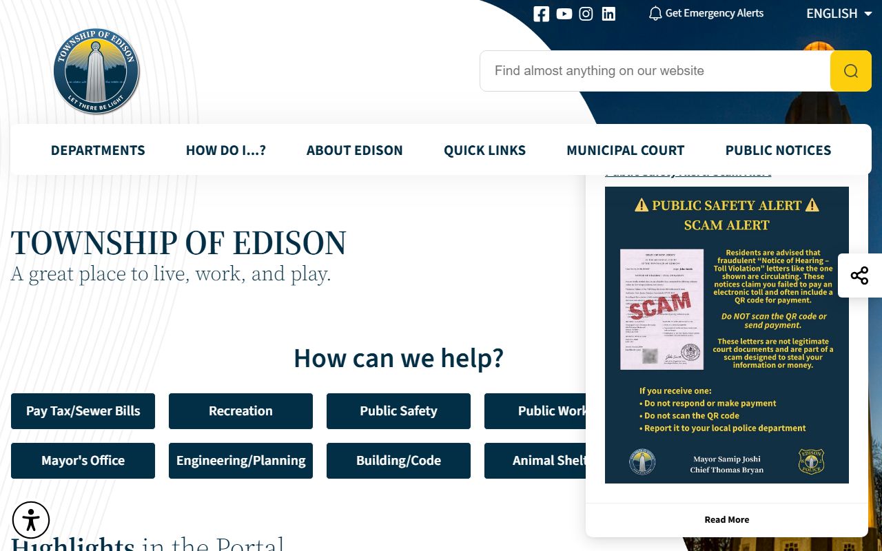 Edison Township official website with Edison Township warrant records information