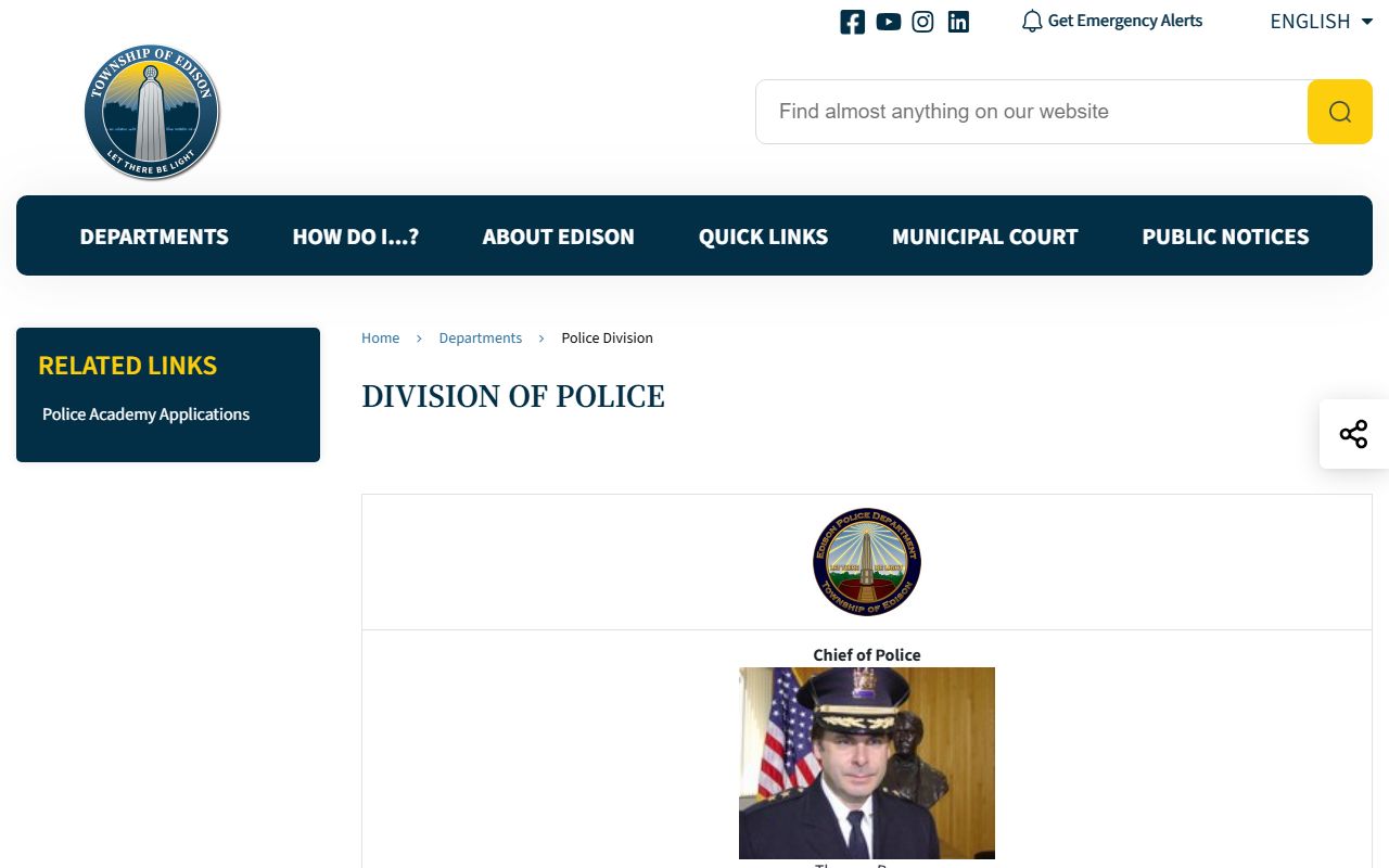 Edison Township Police Department page showing Edison Township warrant records contacts