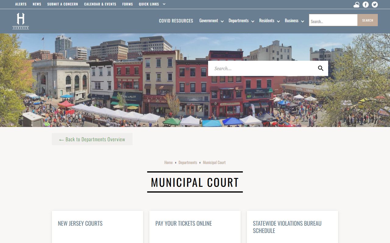 Hoboken Municipal Court page showing warrant records and court services