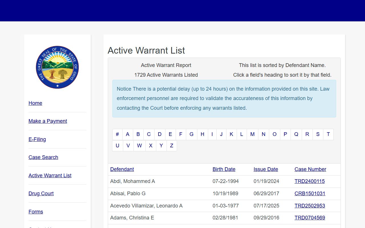 Jackson Township Municipal Court active warrant list page