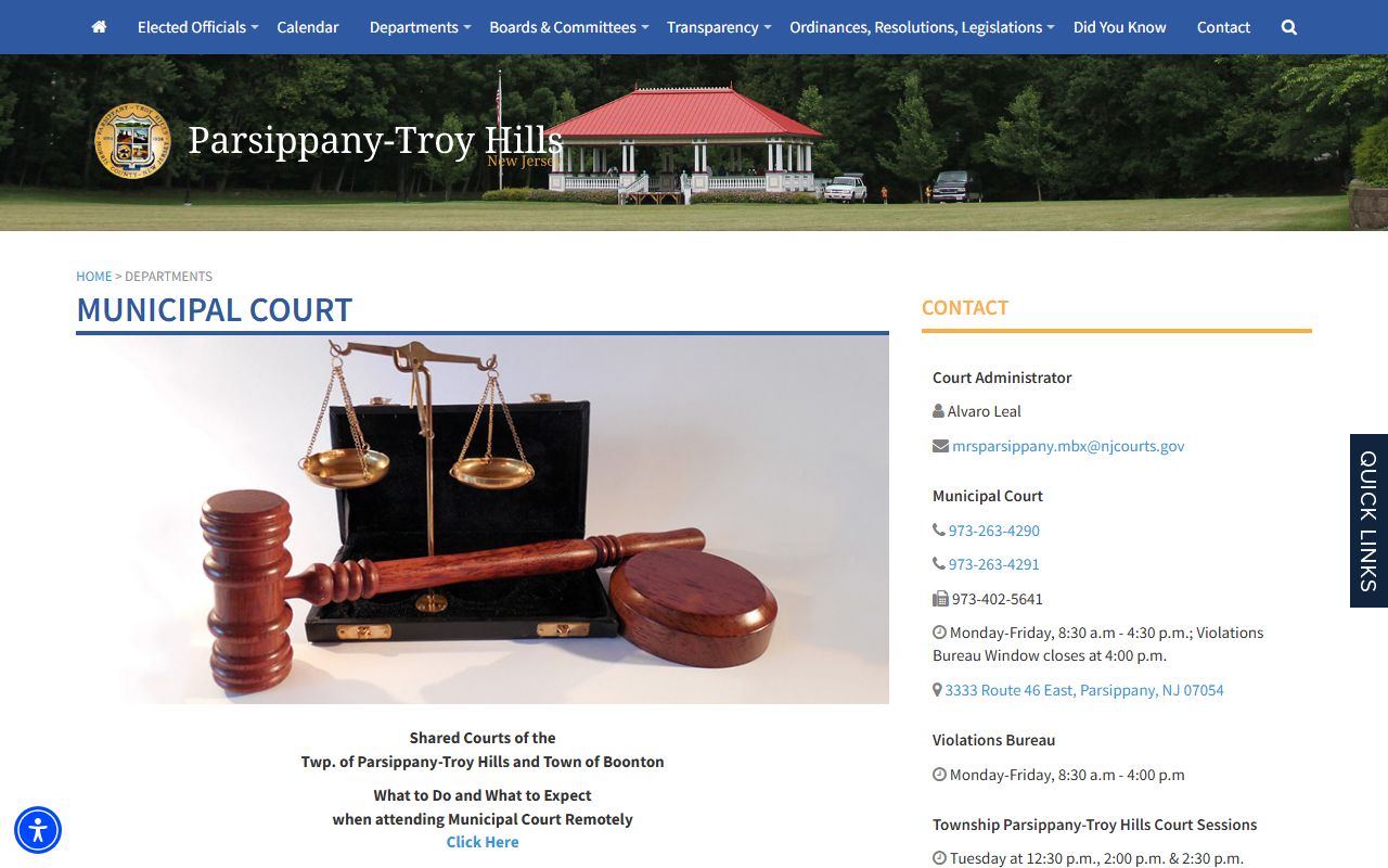 Parsippany-Troy Hills Municipal Court page showing warrant records and court services