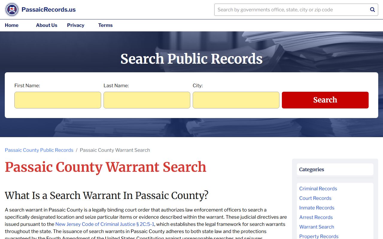 Passaic records and warrant search page for Passaic warrant records