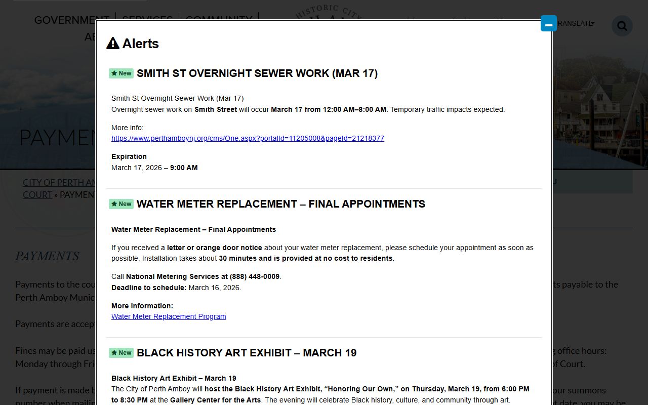 Perth Amboy Municipal Court website showing warrant records and payment information