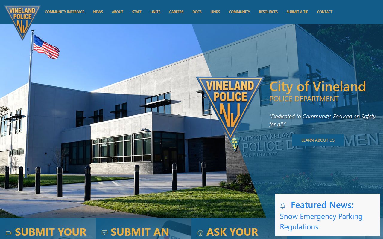 Vineland Police Department website showing warrant records and public safety resources