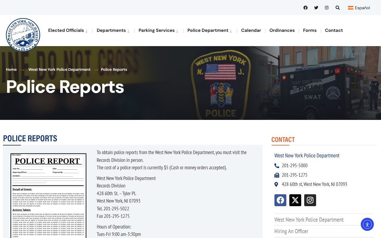 West New York Police Department website showing warrant records and services