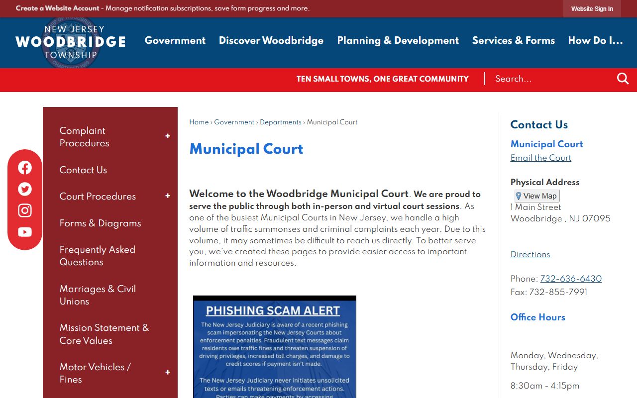 Woodbridge Township Municipal Court page for Woodbridge Township warrant records