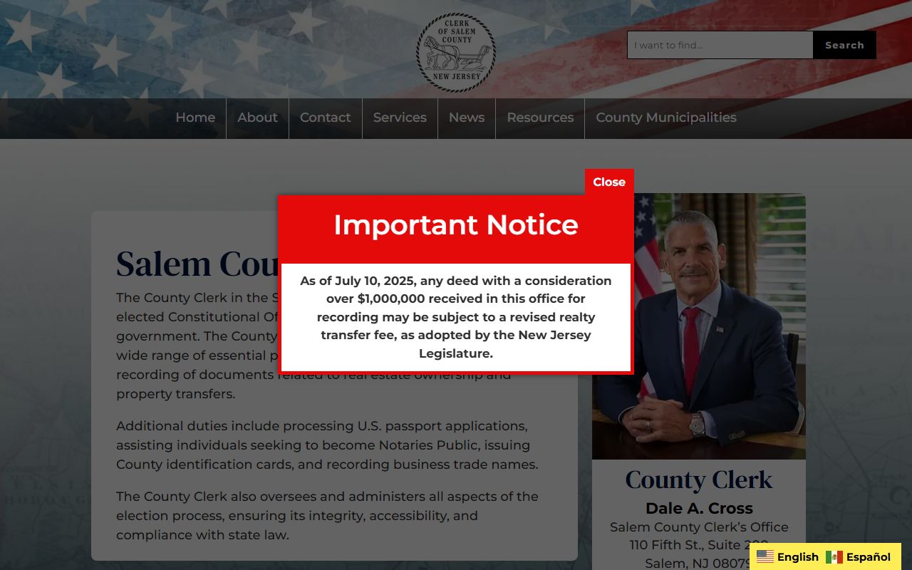 Salem County Clerk Office website for public records related to warrant cases