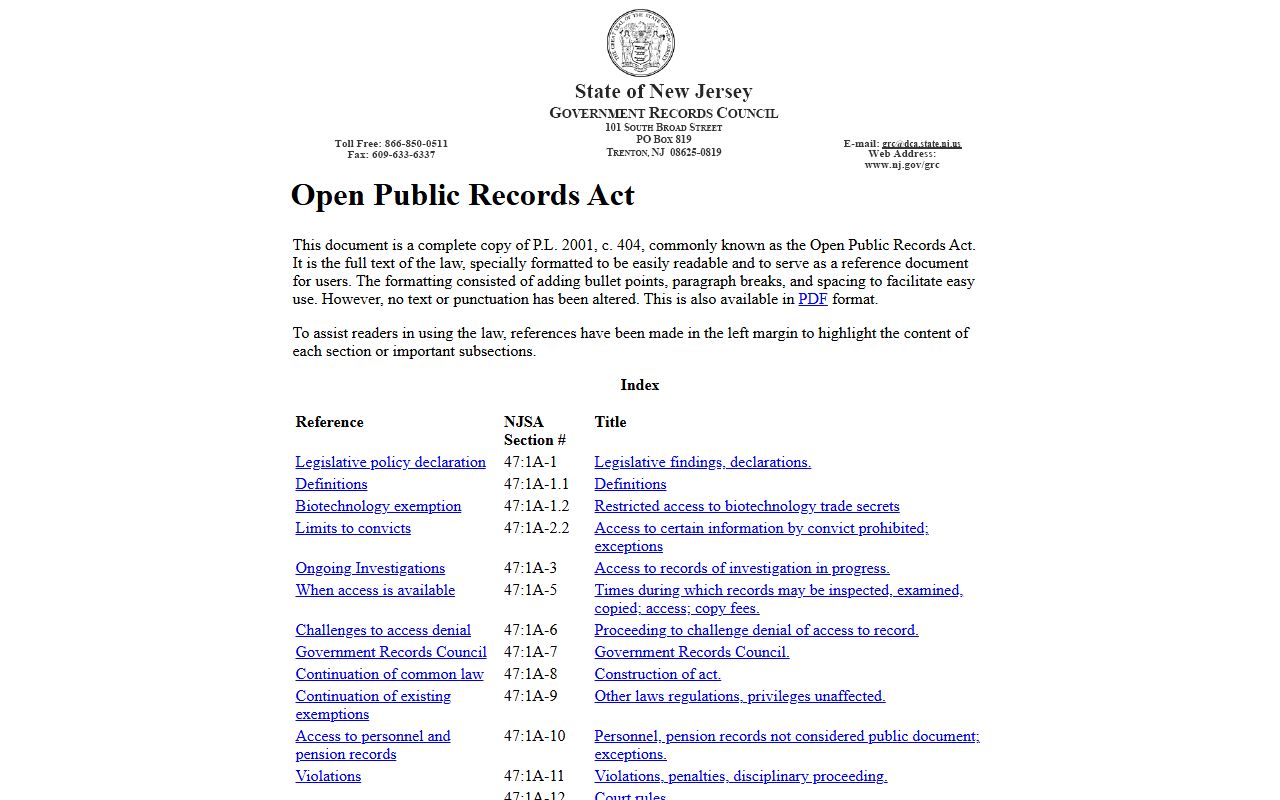 New Jersey Open Public Records Act page for accessing warrant records