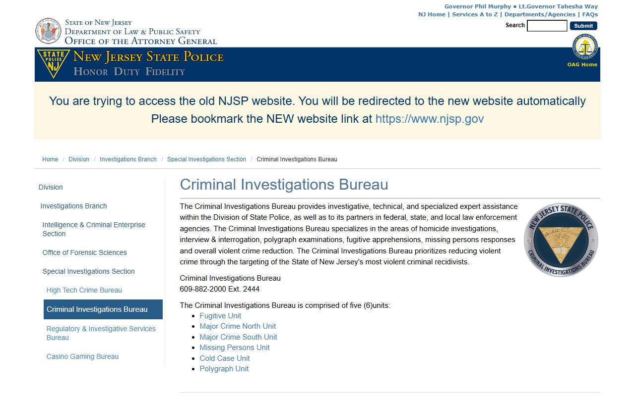 New Jersey State Police criminal investigations page for warrant records