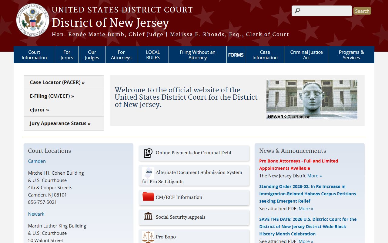 U.S. District Court for the District of New Jersey federal warrant records